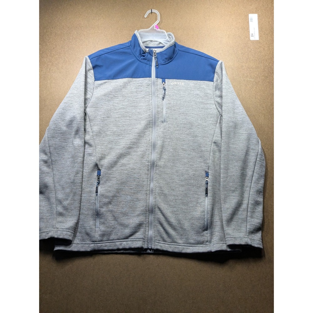 Orvis Mens Gray Blue Colorblock Full Zip Fleece Jacket Mock Neck Size Medium